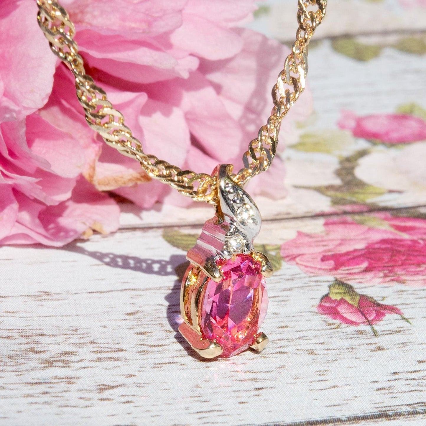 Vintage Pink Tourmaline Cubic Zirconia Necklace Made in the USA Women's October Birthstone Birthday Gift for Girls Gold Pendant Necklace