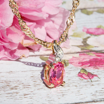 Vintage Pink Tourmaline Cubic Zirconia Necklace Made in the USA Women's October Birthstone Birthday Gift for Girls Gold Pendant Necklace