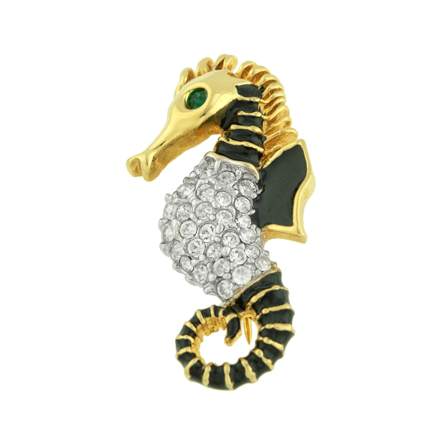 Vintage Seahorse Pin Hand Painted and Clear Swarovski Crystals Emerald Crystal Eye 18k Yellow Gold Electroplated
