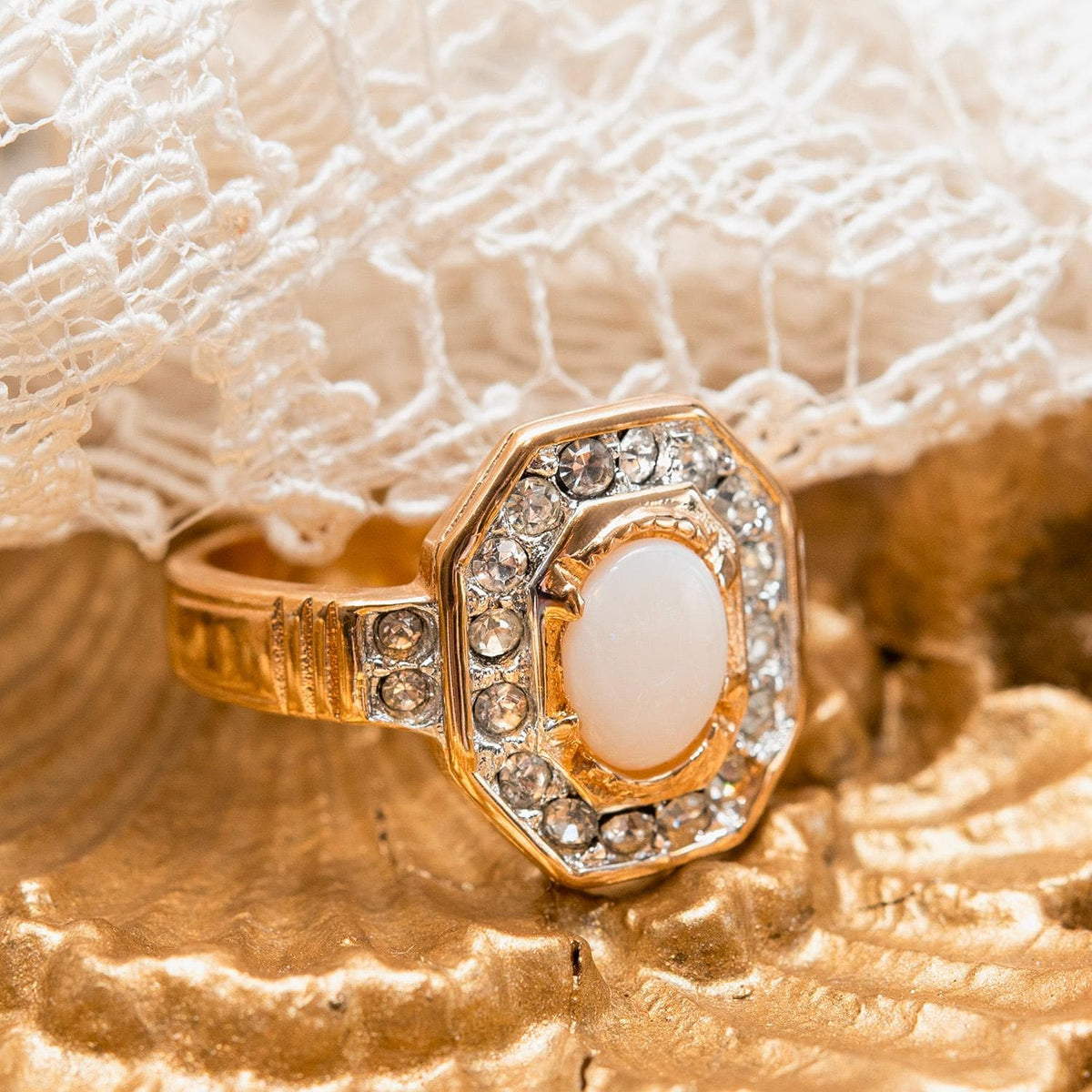 Vintage Genuine Opal and Austrian Crystals 18kt Gold Electroplated Birthstone Ring