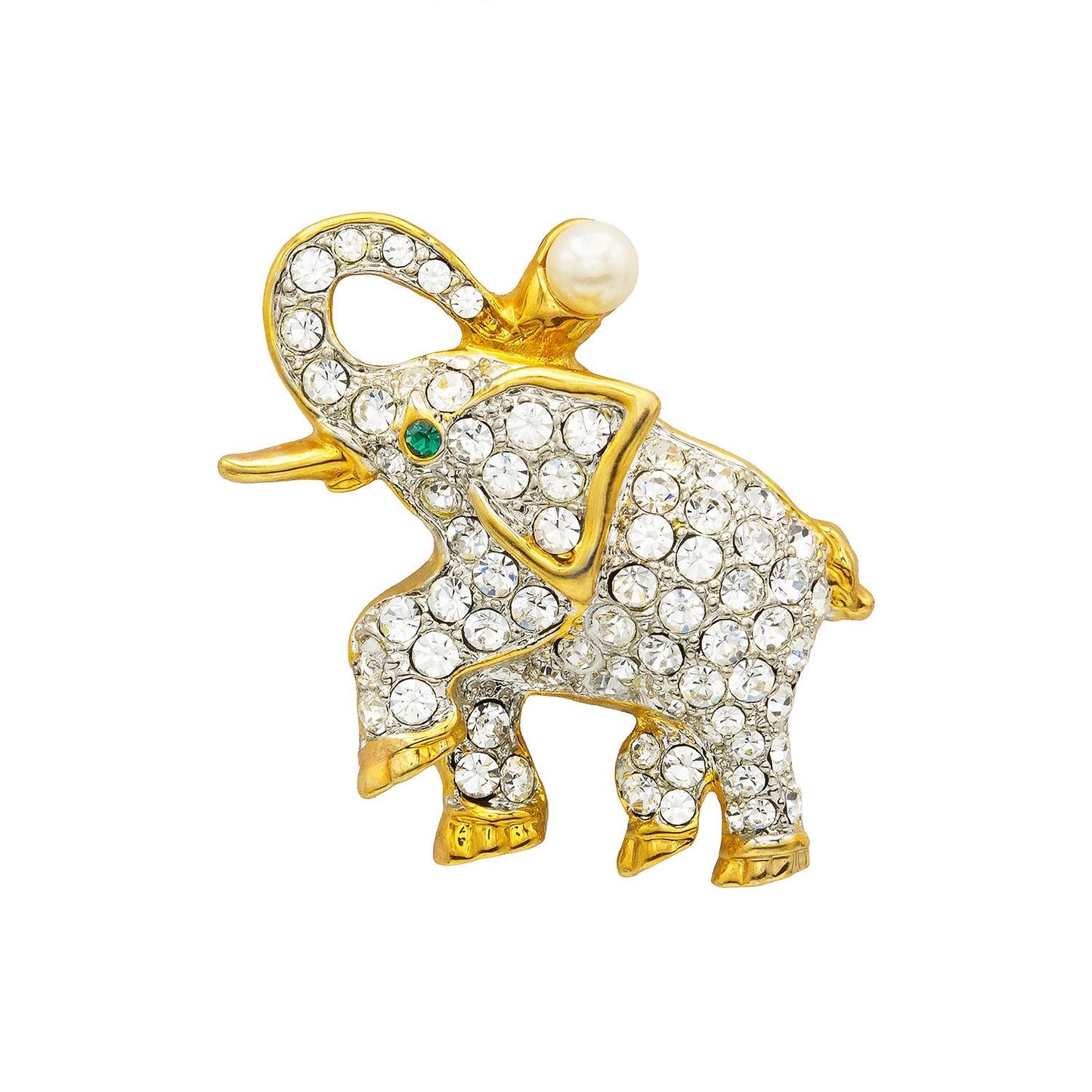 Women's Vintage Brooch Pin Elephant Clear Crystals & Emerald Eye Pearl Accent on Trunk Good Luck Only One Available