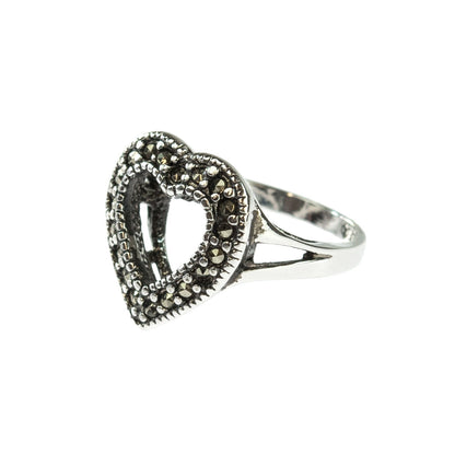 Vintage Genuine Marcasite Open Heart Ring - 18k White Gold Electroplated - Made in USA jewelry image 1