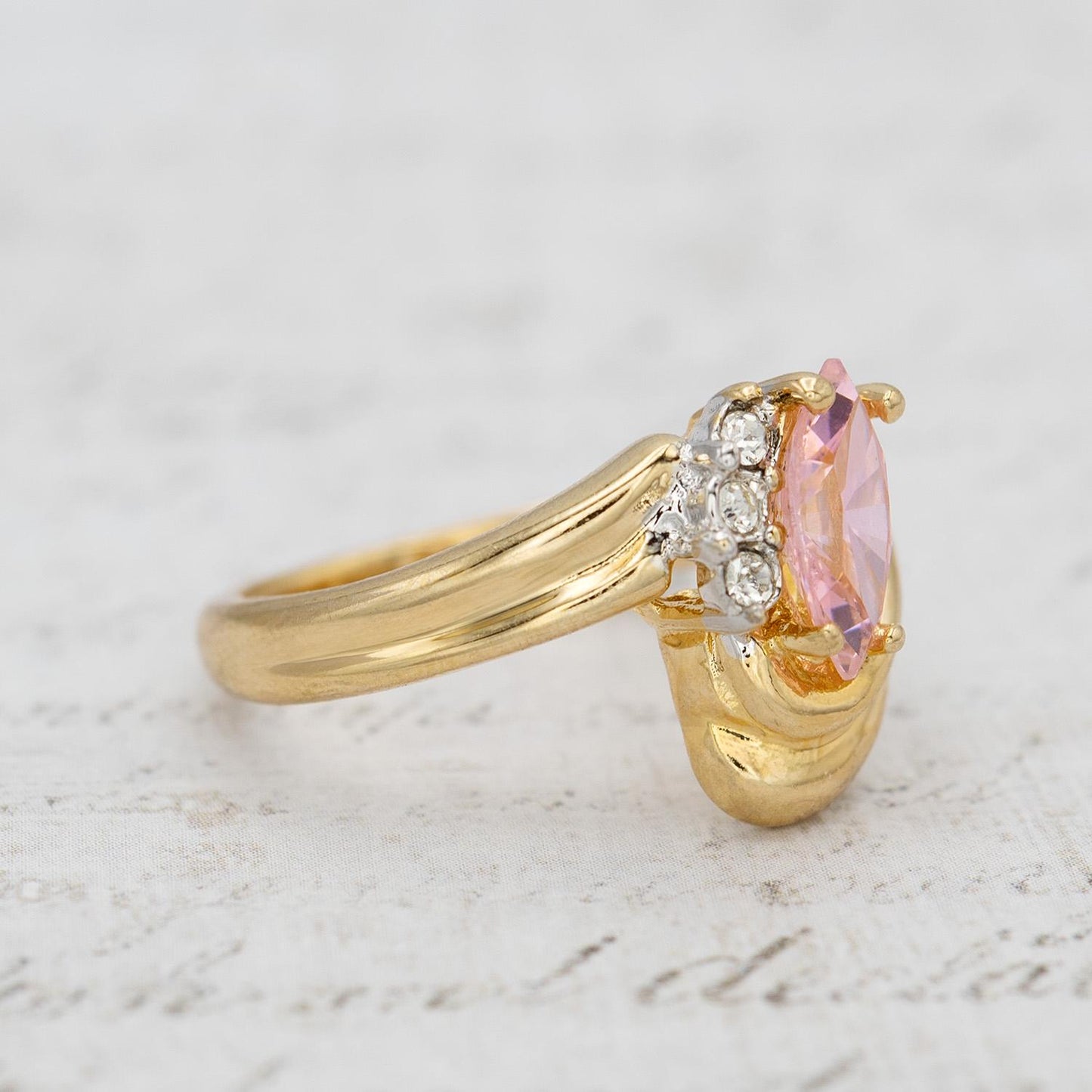 Womens Vintage 18k Gold Electroplated Ring Marquise Pink Tourmaline Cubic Zirconia and Crystal October Birthstone Ring