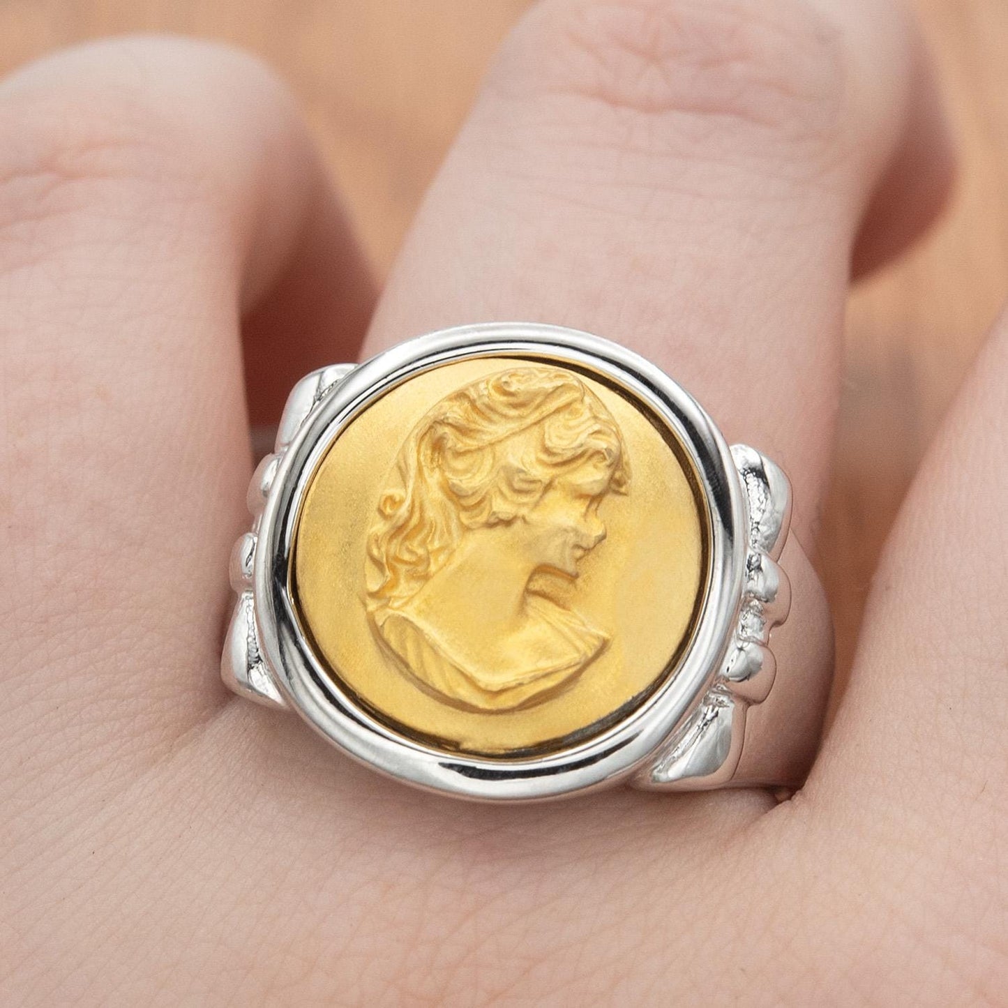 Womens Vintage Cameo Ring 18kt White and Yellow Gold Victorian Lady Cameo Jewelry for Women Statement Ring Girls Unique Rings