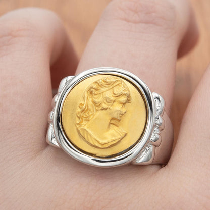 Womens Vintage Cameo Ring 18kt White and Yellow Gold Victorian Lady Cameo Jewelry for Women Statement Ring Girls Unique Rings