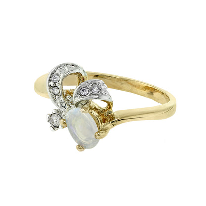 Vintage Genuine Jelly Opal and Clear Austrian Crystal Ring 18k Yellow Gold Electroplated Made in the USA