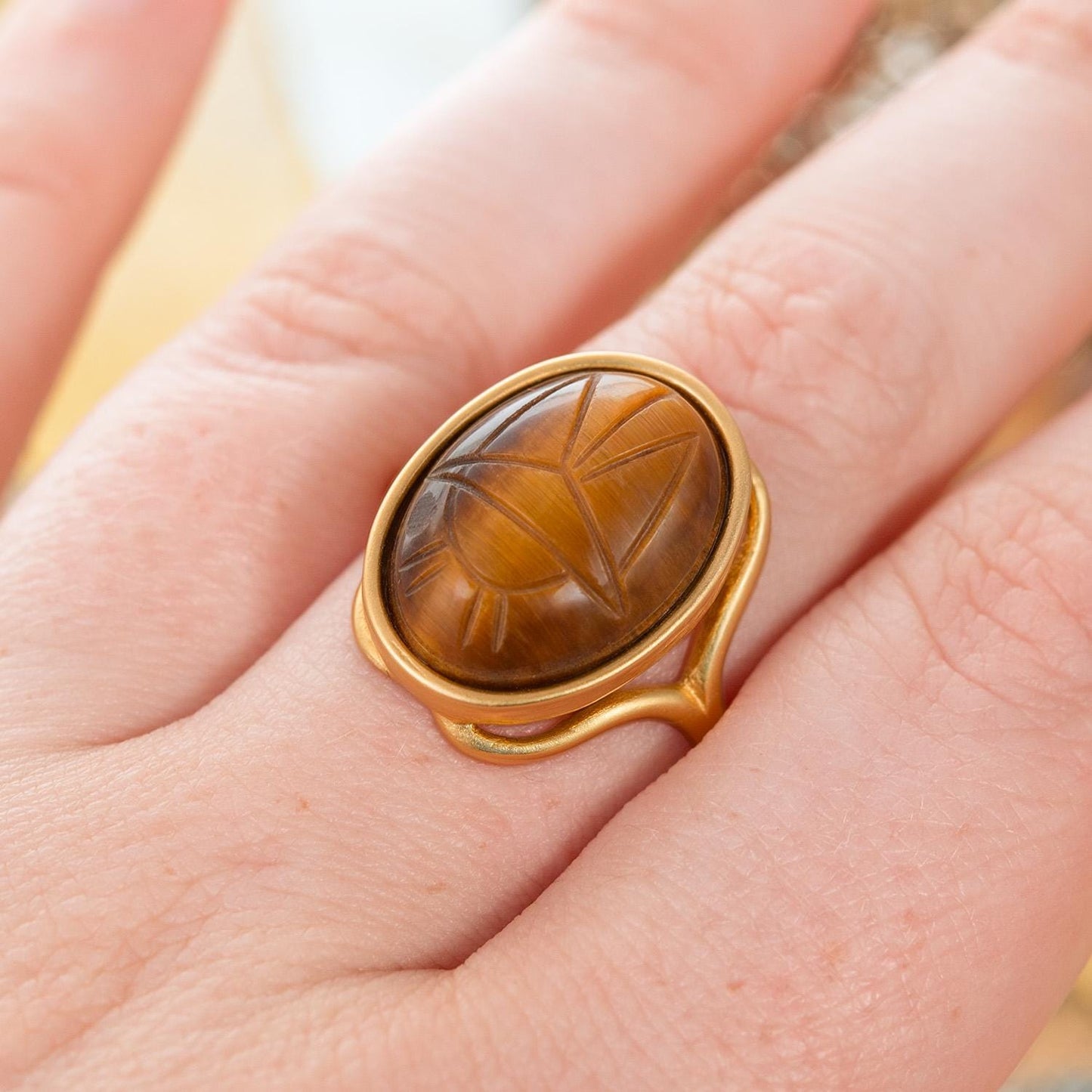 Vintage 1970s Scarab Beetle Genuine Tiger Eye Stone Yellow Gold Electroplated Ring Made in USA Women's Gold Ring
