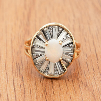 Vintage Ring Women's Genuine Opal Cocktail Ring with Baguette Clear Crystal Accents Made in the USA Gold Ring Statement Mothers Gift
