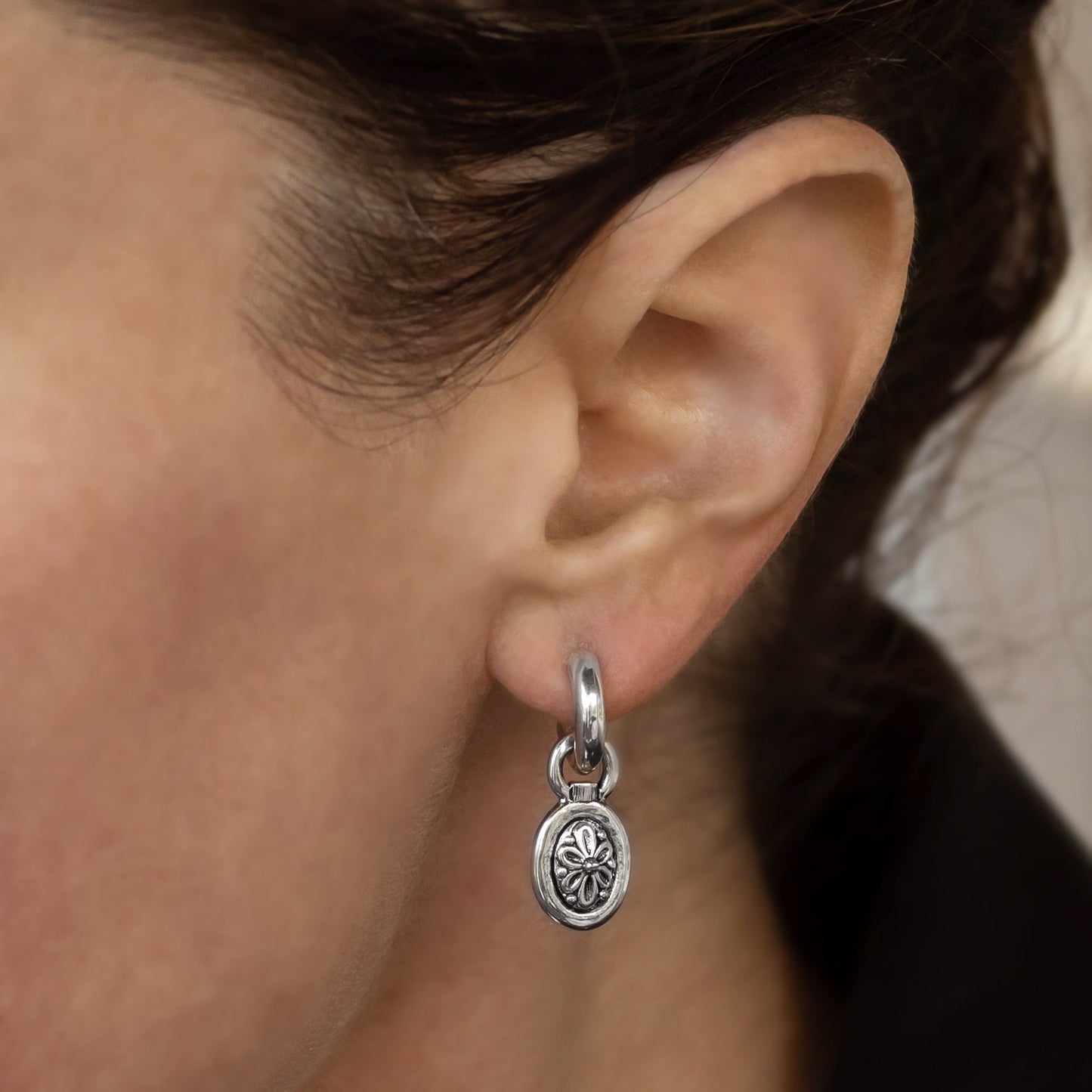 Vintage Oscar De La Renta Antiqued Silver Tone Small Hoops with Removable Dangling Oval Charm Earrings OSE-604-W
