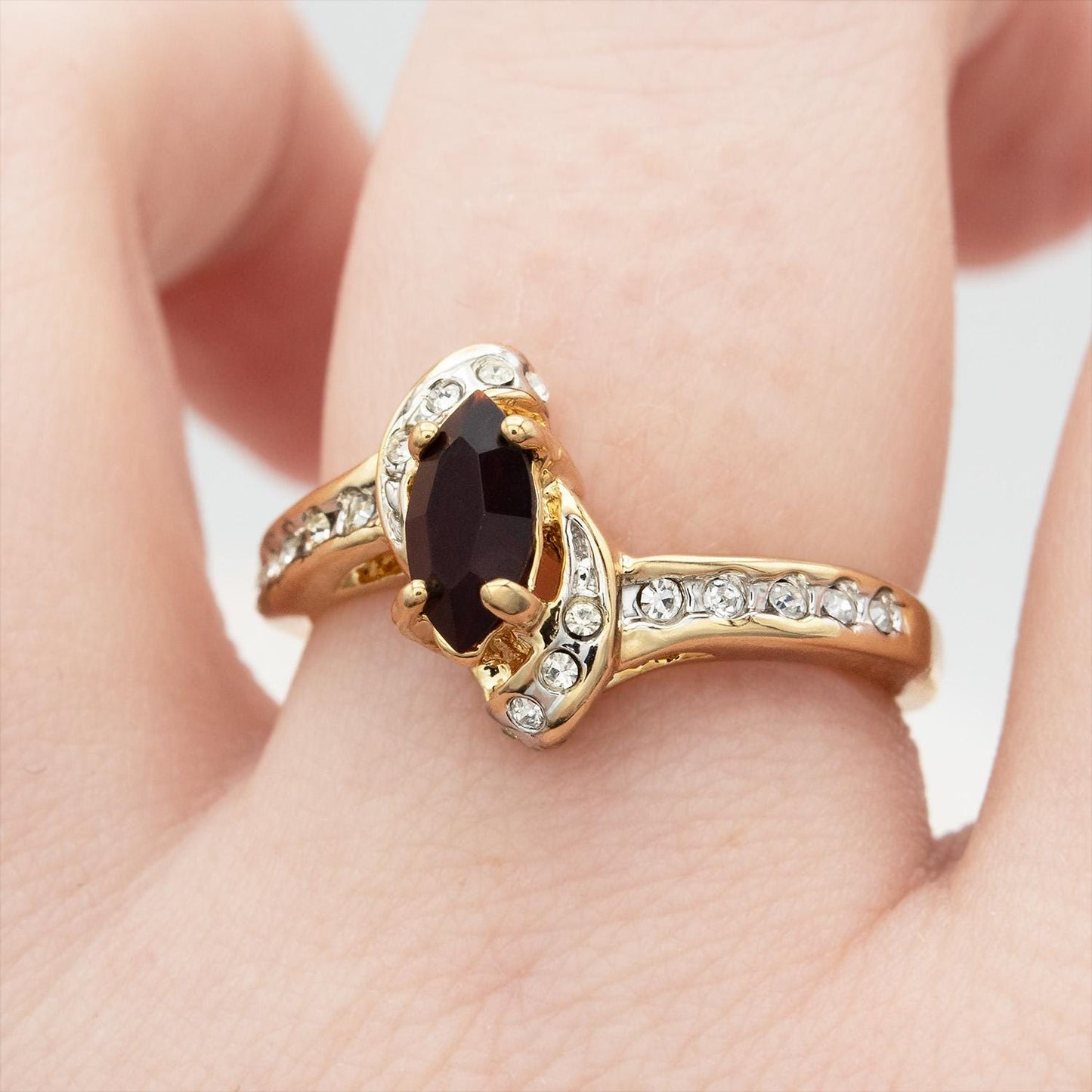 Vintage Woman's Antique Garnet Austrian & Clear Crystal Ring 18k Gold Electroplated USA Handmade