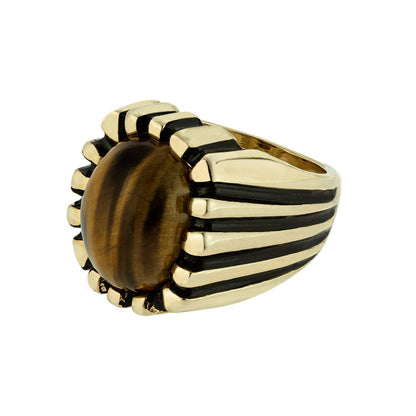 Vintage 1980s Mens Genuine Cabochon Tiger Eye 18kt Gold Plated Ring Made in USA
