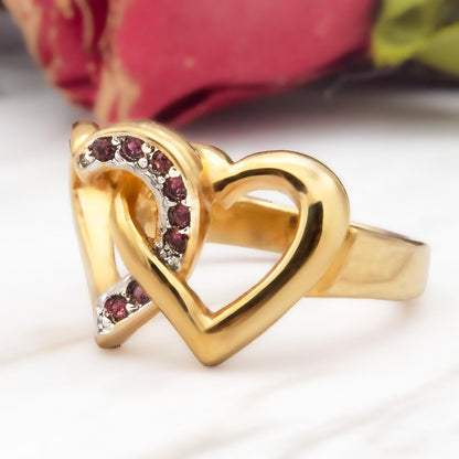 Women's Vintage Ring Amethyst Austrian Crystal Double Heart Ring 18k Gold Electroplated
