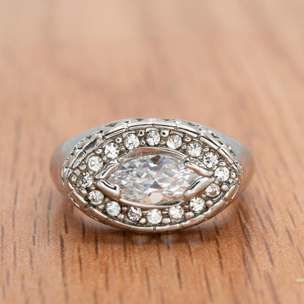 Vintage Ring 18k White Gold Electroplated Edwardian Style Marquise Cubic Zirconia Ring Gold Statement Womans Rings Antique Jewelry