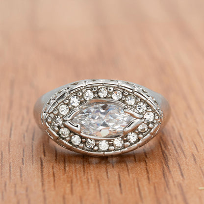 Vintage Ring 18k White Gold Electroplated Edwardian Style Marquise Cubic Zirconia Ring Gold Statement Womans Rings Antique Jewelry