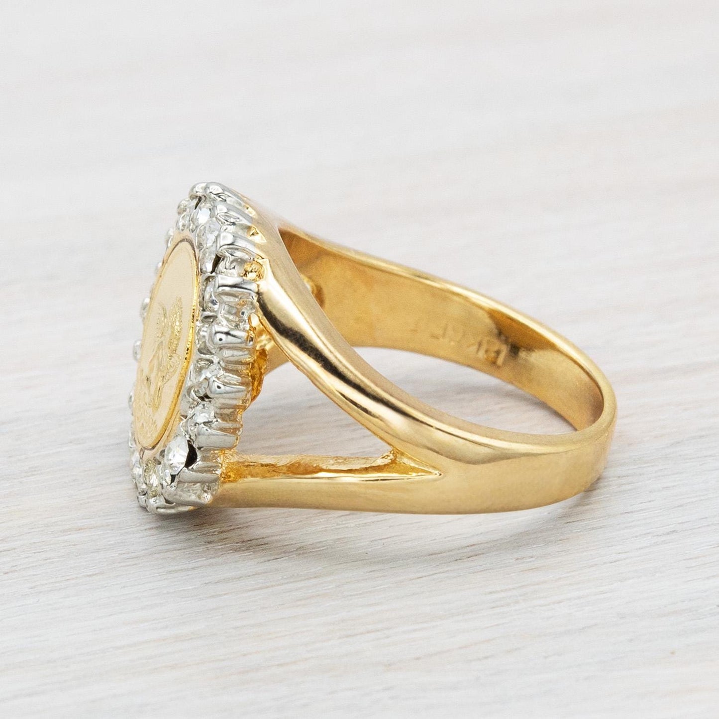Vintage 18k Gold Electroplated Cherub Angel Coin and Crystal Womens Girls Ring