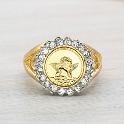 Vintage 18k Gold Electroplated Cherub Angel Coin and Crystal Womens Girls Ring
