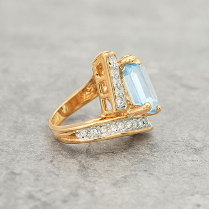 Vintage Ring Aquamarine and Clear Austrian Crystal Ring 18k Gold Antique Jewelry for Women R1914-ACY - Limited Stock - Never Worn