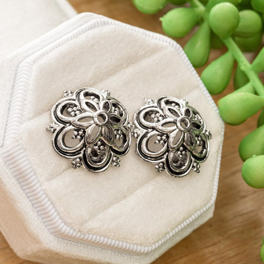 Vintage Oscar de la Renta Clip Earrings Antique White Gold Dome Designer With Logo