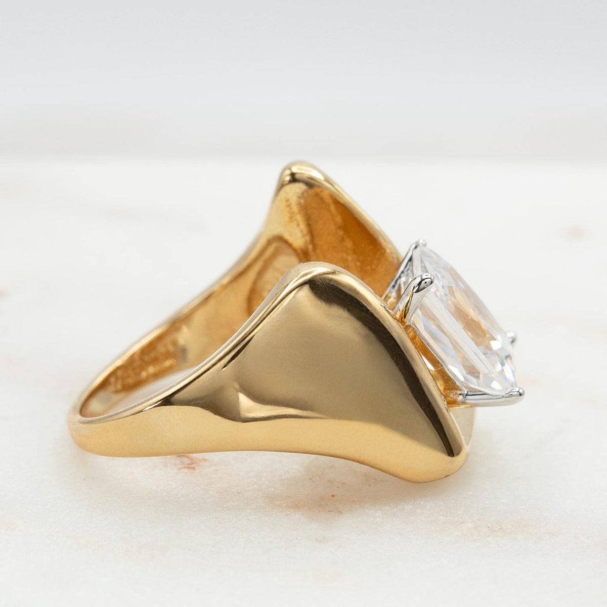 Vintage 18KT Gold Electroplated Cubic Zirconia Ring 4 CT Solitaire Emerald Cut Woments Statement Ring
