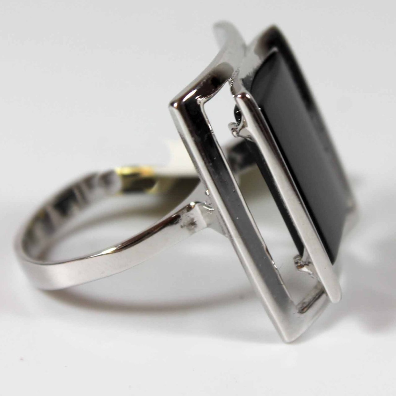 Vintage 1970's Genuine Onyx Ring Rhodium Plated Cocktail Ring Made in USA