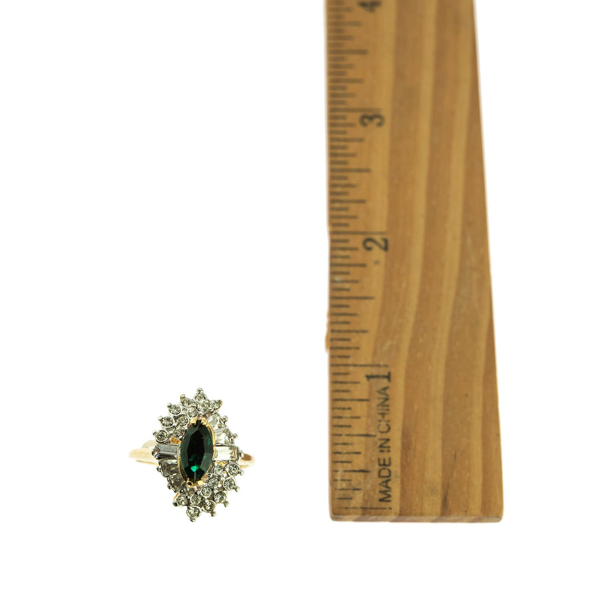 Women's Vintage 1970s Ring Emerald and Clear Austrian Crystals 18k Yellow Gold Electroplate Made in USA