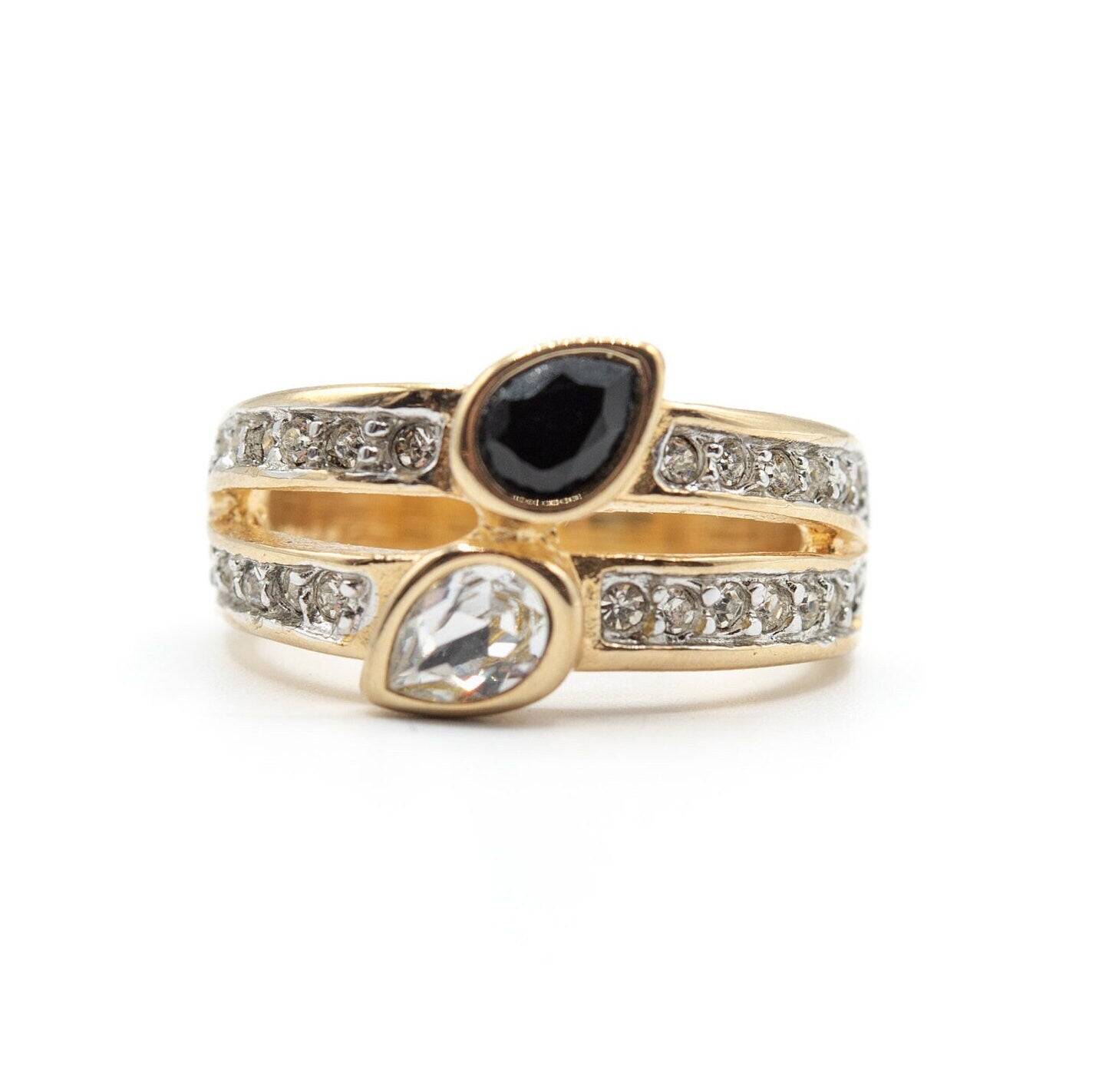 Vintage Jet Black and Clear Austrian Crystal Cocktail Ring - 18k Gold Electroplated jewelry image 1