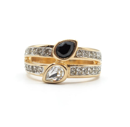 Vintage Jet Black and Clear Austrian Crystal Cocktail Ring - 18k Gold Electroplated jewelry image 1