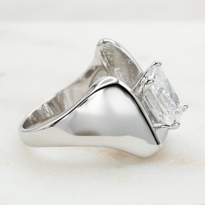 Vintage 18KT White Gold Electroplated Cubic Zirconia Ring 4 CT Solitaire Emerald Cut Women's Statement Ring