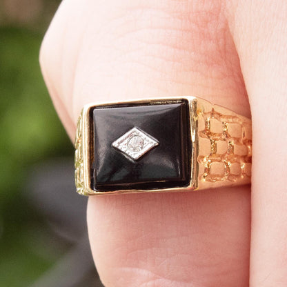 Vintage Ring 1980s Mens Onyx and Austrian Crystal 18kt Gold Plated Antique Ring #R6001 - Limited Stock - Never Worn