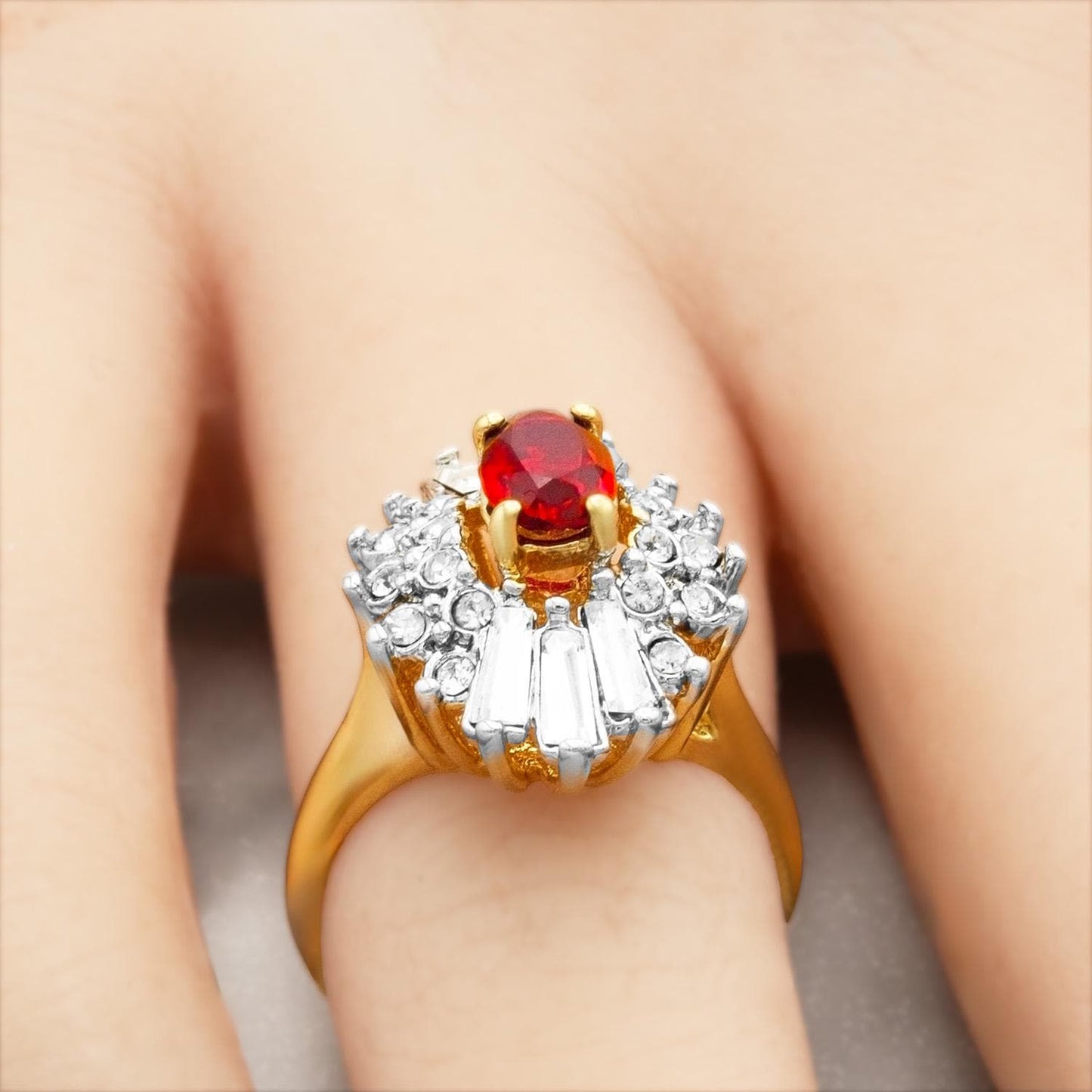 Vintage Ring 1970's Ruby and Clear Austrian Crystals 18k Gold Antique Jewelry for Women - Limited Stock - Never Worn Cocktail Ring