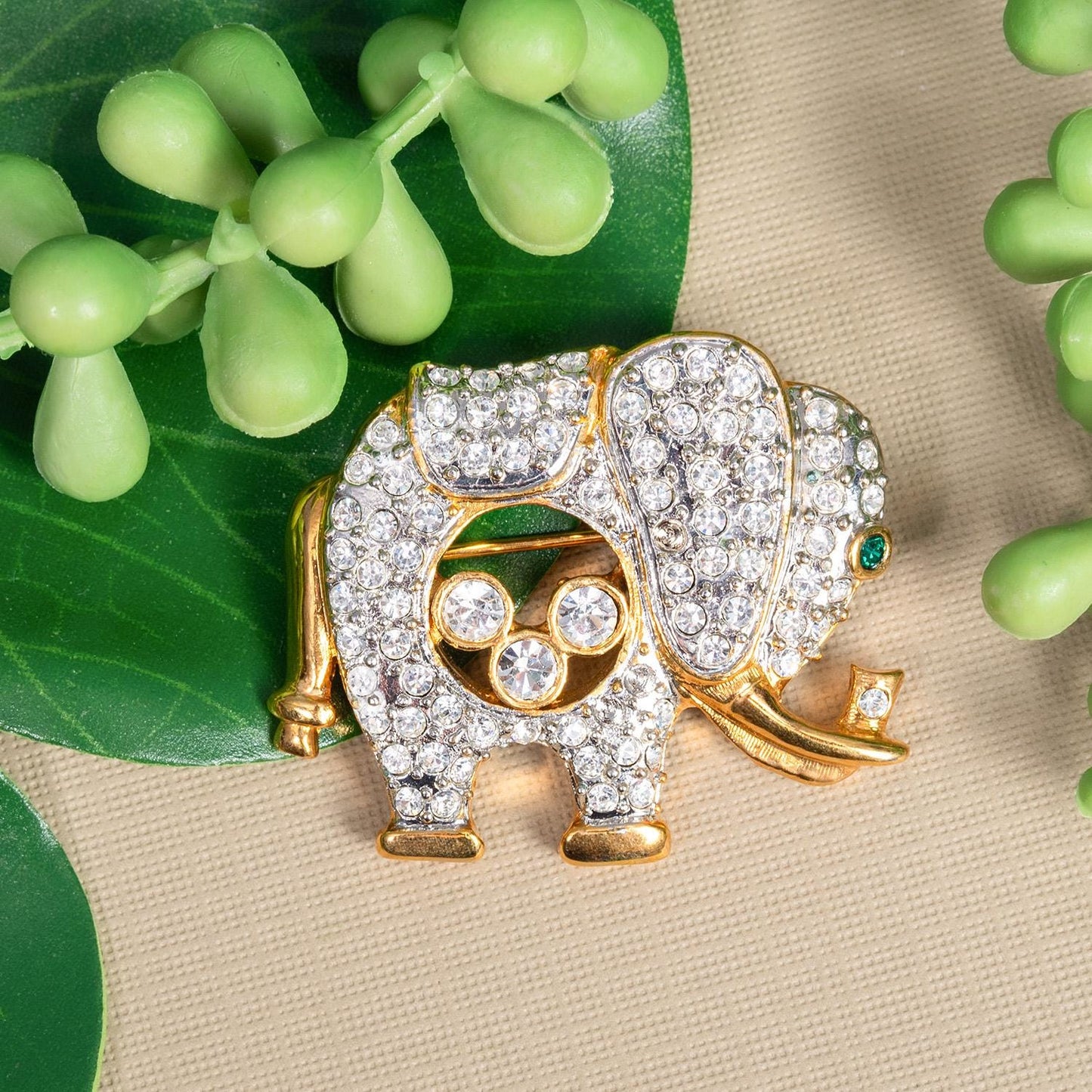 Vintage Women's Brooch Pin Elephant Clear Crystals & Emerald Eye Good Luck Only One Available