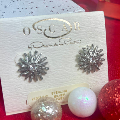 Vintage Earrings Oscar De La Renta White Gold Plated Post Earrings set with Cubic Zirconia #OSE-24303