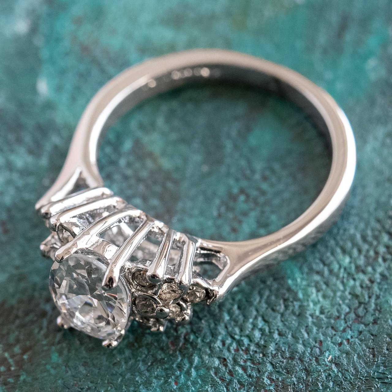 Vintage Ring Clear Cubic Zirconia 18kt White Gold Electroplated Made in USA