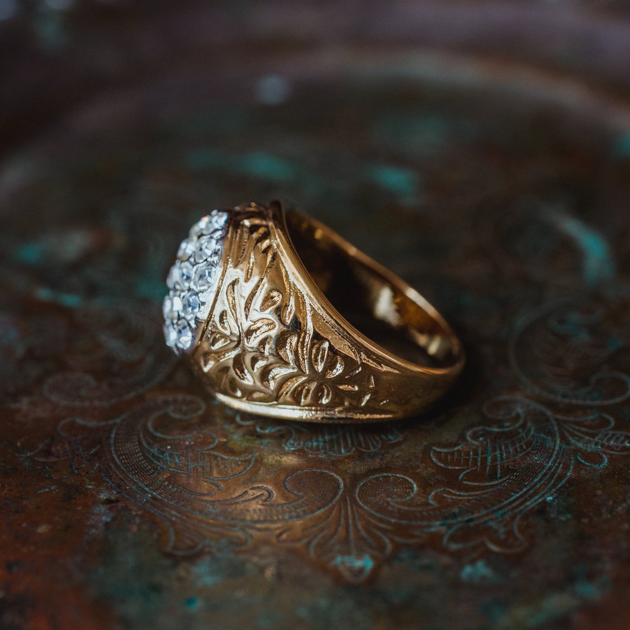 Vintage Men's 18K Yellow Gold Electroplated Ring Clear Austrian Crystals Unisex Made in USA