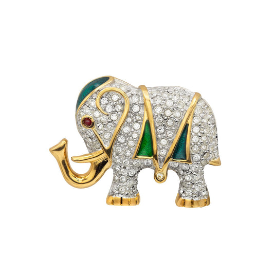 Vintage Brooch Pin Elephant Clear Crystals & Ruby Eye Hand Painted Green Good Luck