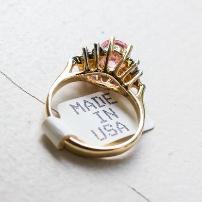 Vintage 1980's Pink Cubic Zirconia Ring with Clear Austrian Crystals 18k Yellow Gold Electroplated