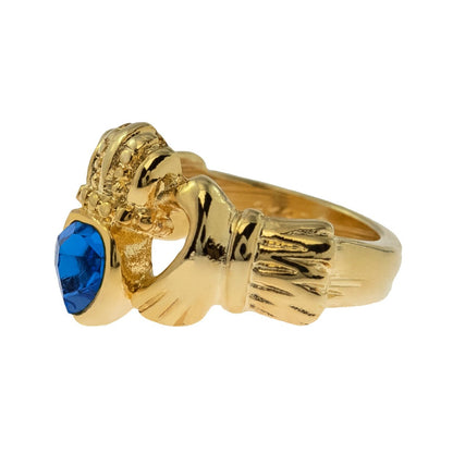 Vintage Jewelry Sapphire Austrian Crystal Claddagh Ring 18k Yellow Gold Electroplated