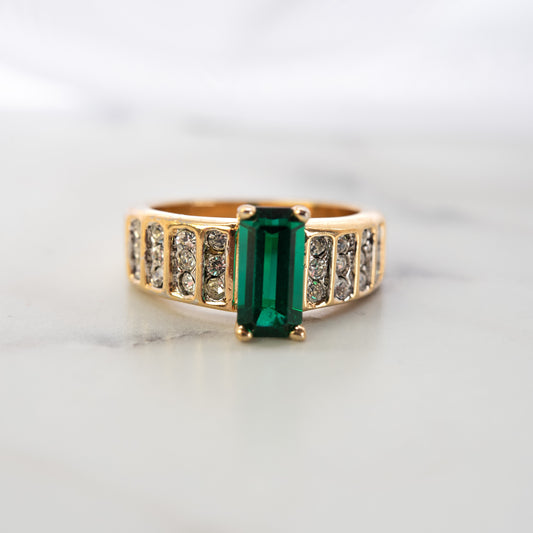 Women's Vintage Ring Emerald and Clear Crystals 18kt Gold Electroplate Women's Antique Ring May Birthstone