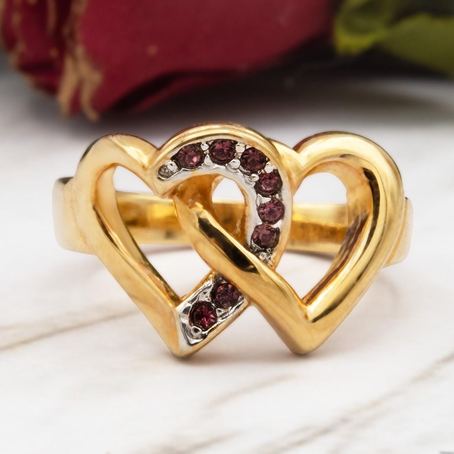 Women's Vintage Ring Amethyst Austrian Crystal Double Heart Ring 18k Gold Electroplated