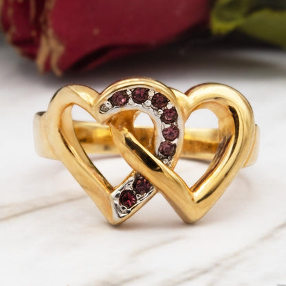 Women's Vintage Ring Amethyst Austrian Crystal Double Heart Ring 18k Gold Electroplated