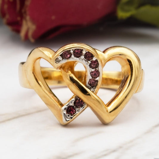 Women's Vintage Ring Amethyst Austrian Crystal Double Heart Ring 18k Gold Electroplated