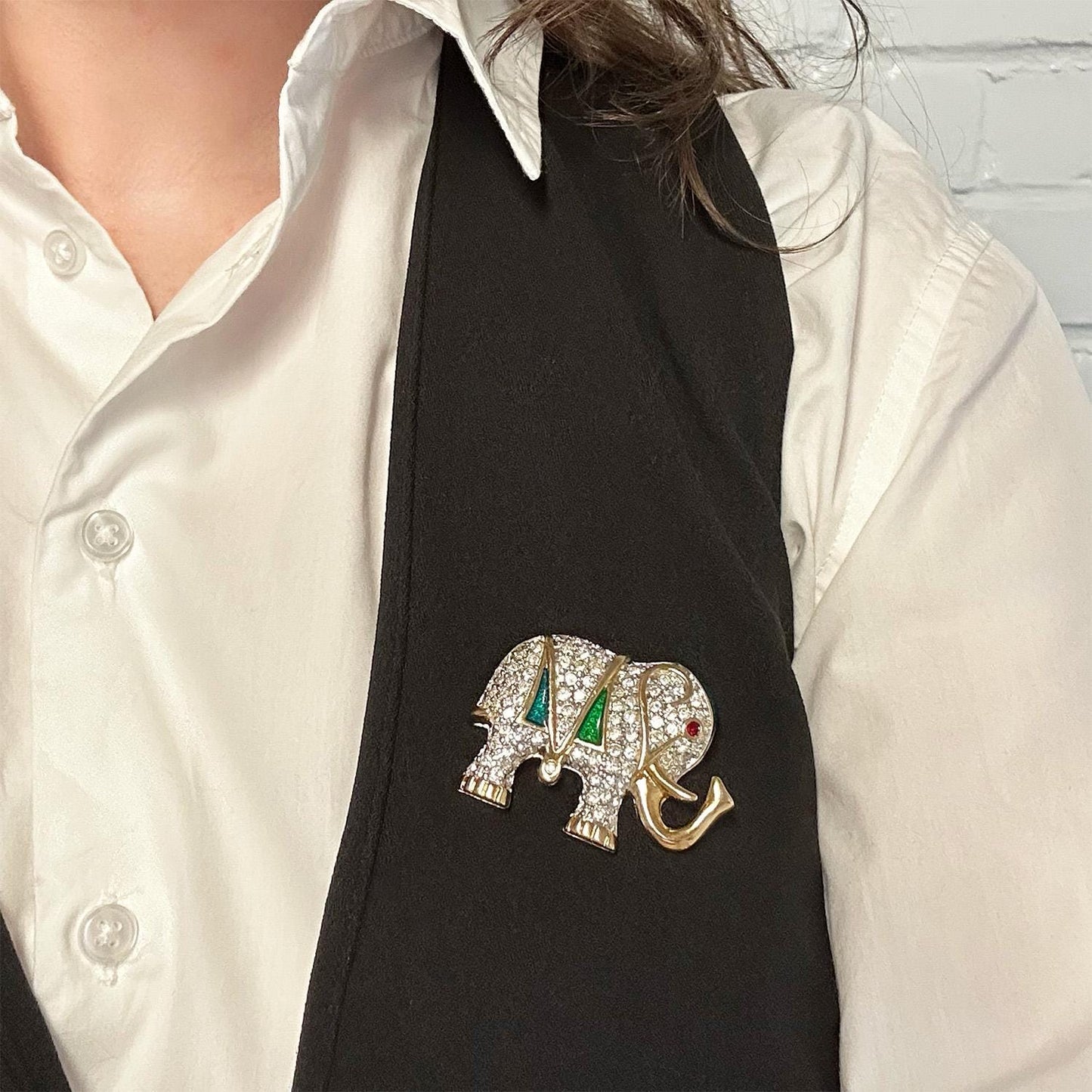 Vintage Brooch Pin Elephant Clear Crystals & Ruby Eye Hand Painted Green Good Luck