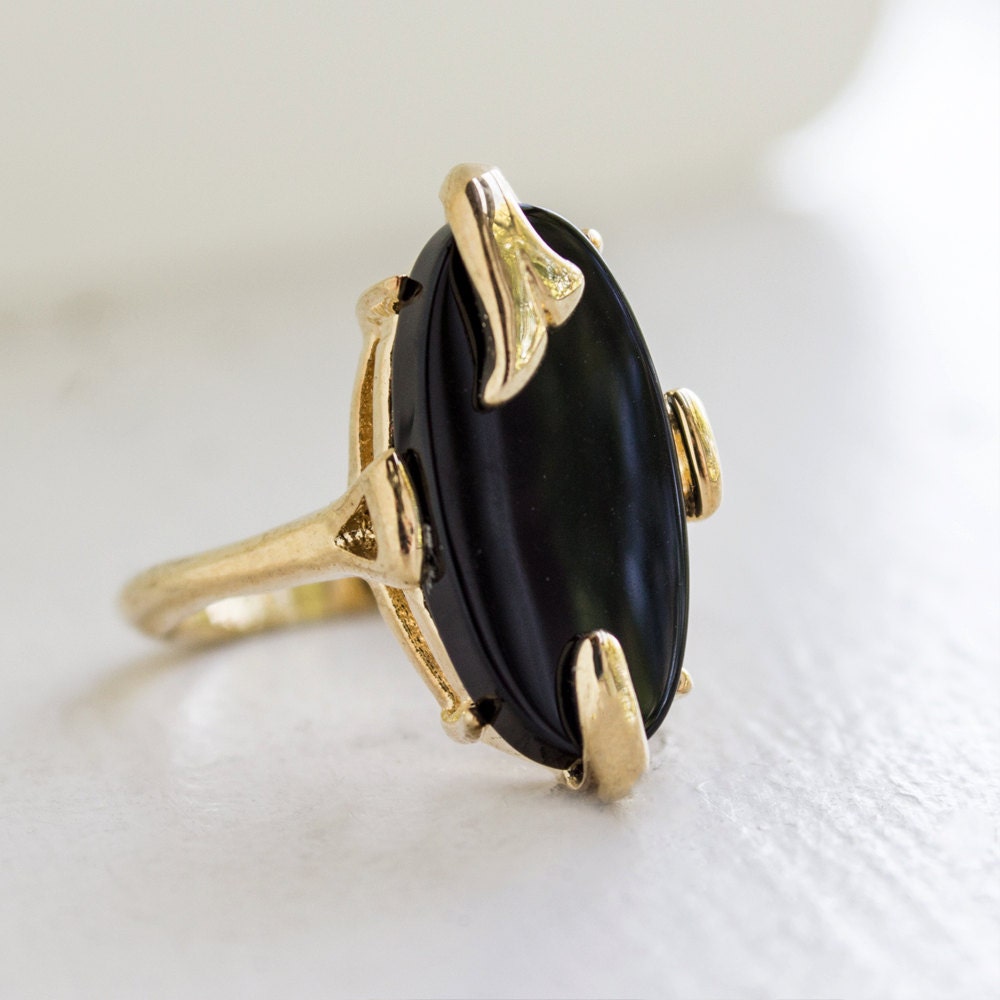 Vintage Genuine Onyx 18k Gold Plated Cocktail Ring Made in USA #R2998