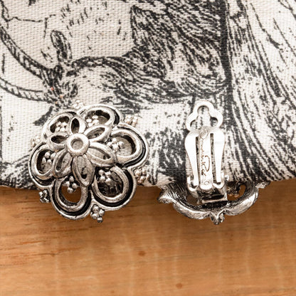 Vintage Oscar de la Renta Clip Earrings Antique White Gold Dome Designer With Logo