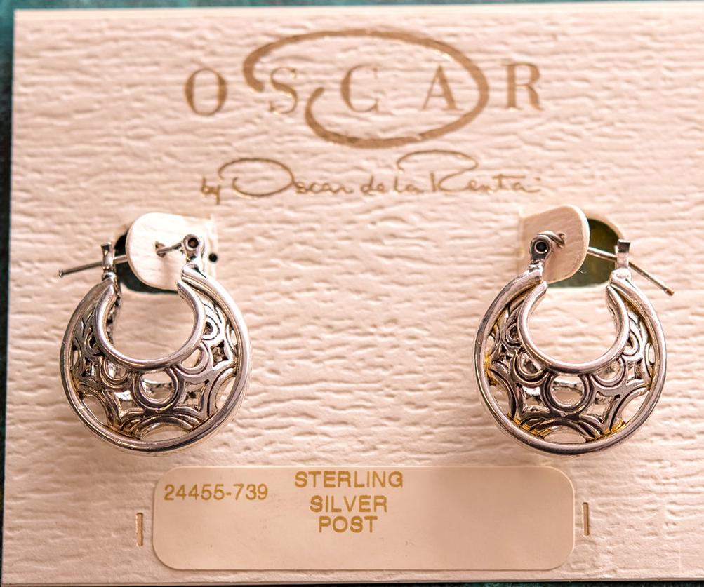 Vintage Oscar de la Renta Antiqued Silver Tone Filigree Hoop Earrings jewelry image 1
