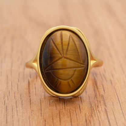 Vintage 1970s Scarab Beetle Genuine Tiger Eye Stone Yellow Gold Electroplated Ring Made in USA Women's Gold Ring