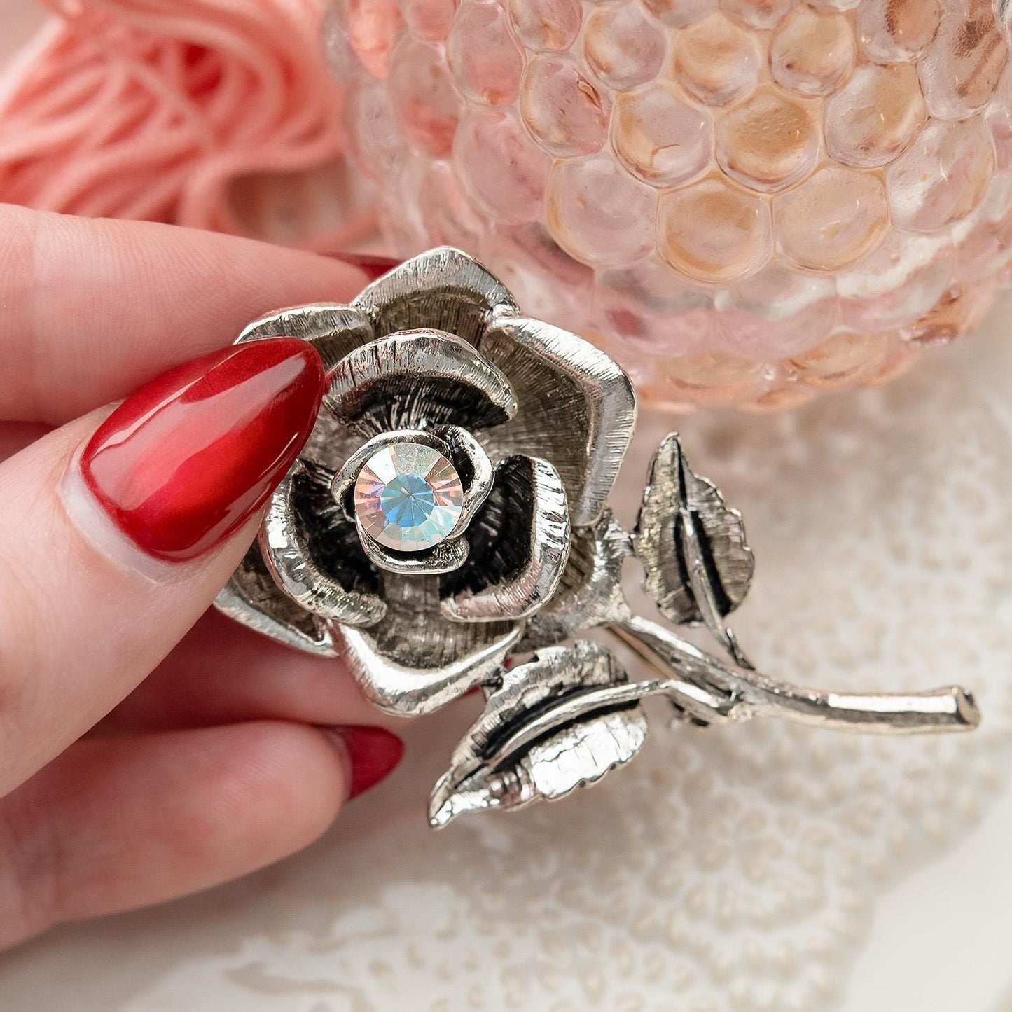 Vintage Oscar de la Renta Rose Brooch White Gold Pin Luxury Designer Jewelry Womans Antique Estate Jewelry
