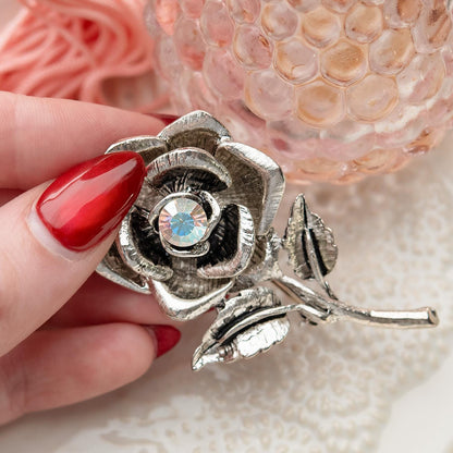 Vintage Oscar de la Renta Rose Brooch White Gold Pin Luxury Designer Jewelry Womans Antique Estate Jewelry