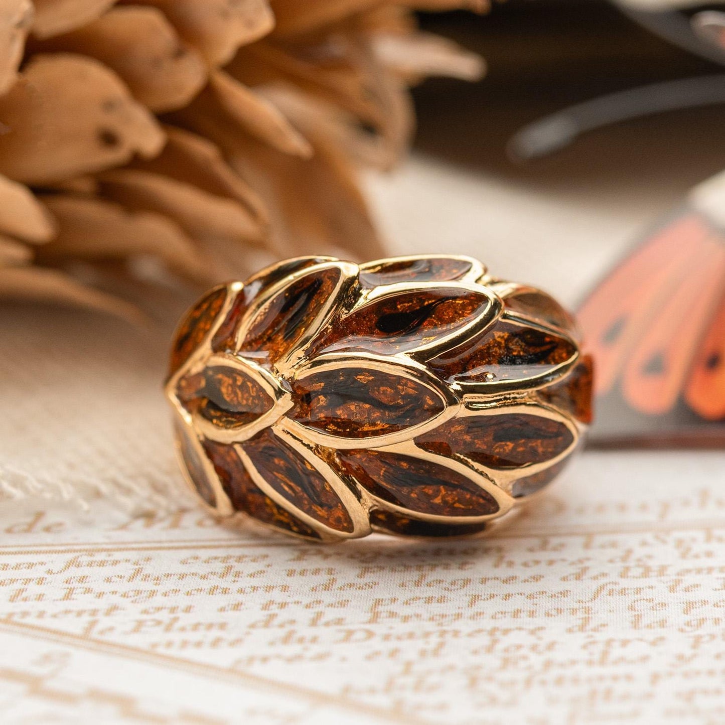Vintage 1970s Women's Ring 18k Gold Electroplated Brown Enamel Leaf Motif Dome Ring Hand Made in USA