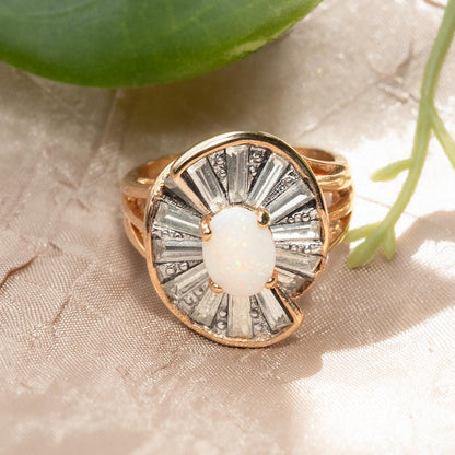Vintage Ring Women's Genuine Opal Cocktail Ring with Baguette Clear Crystal Accents Made in the USA Gold Ring Statement Mothers Gift